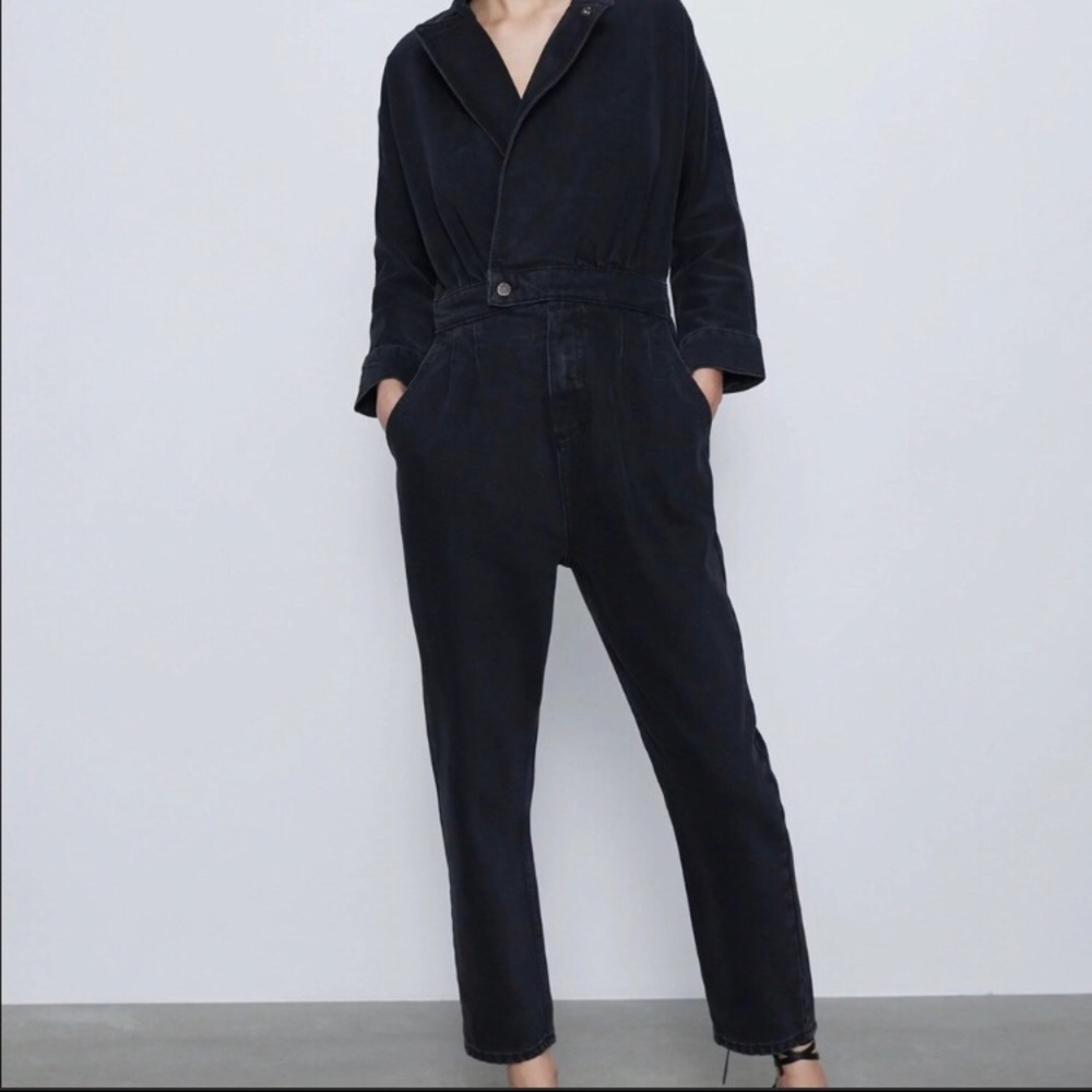 Zara Black Denim The Olivia Jumpsuit Size Small